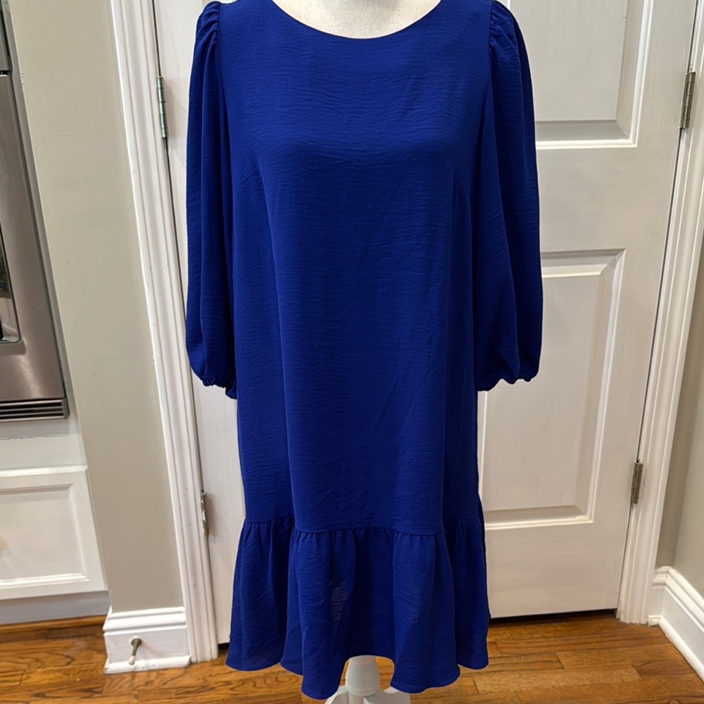 DKNYC Blue Ruffled Bishop Sleeve Dress for Wedding Guest